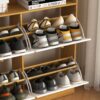 Shoe Storage Cabinet With 4 Flip Drawers And Wooden Handle For Entryway - Natural - Image 11