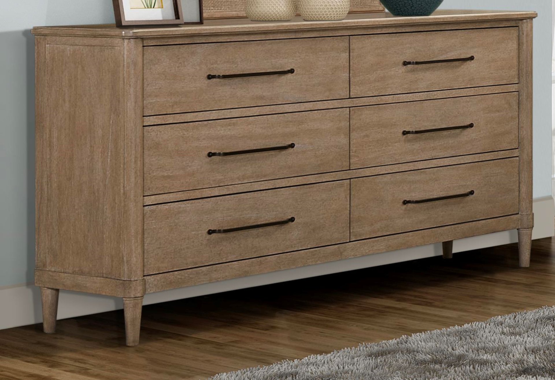 King Panel Bedroom Set With 3 Drawer Nightstand, Casual Dresser, Cane Mirror, 3 Drawer Cane Front Chest And Bench - Sand - Image 3