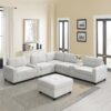 Sectional With Acrylic Table Top U Shaped Couch Set With 2 Consoles USB Charger, Storage Drawers And Pockets Movable Ottoman Tufted Sofa - Light Gray - Image 18