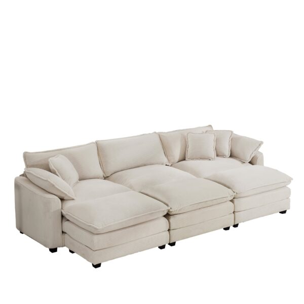Stylish Oversized Modular Cushioned Sofa With 3 Ottomans Light Corduroy - Beige