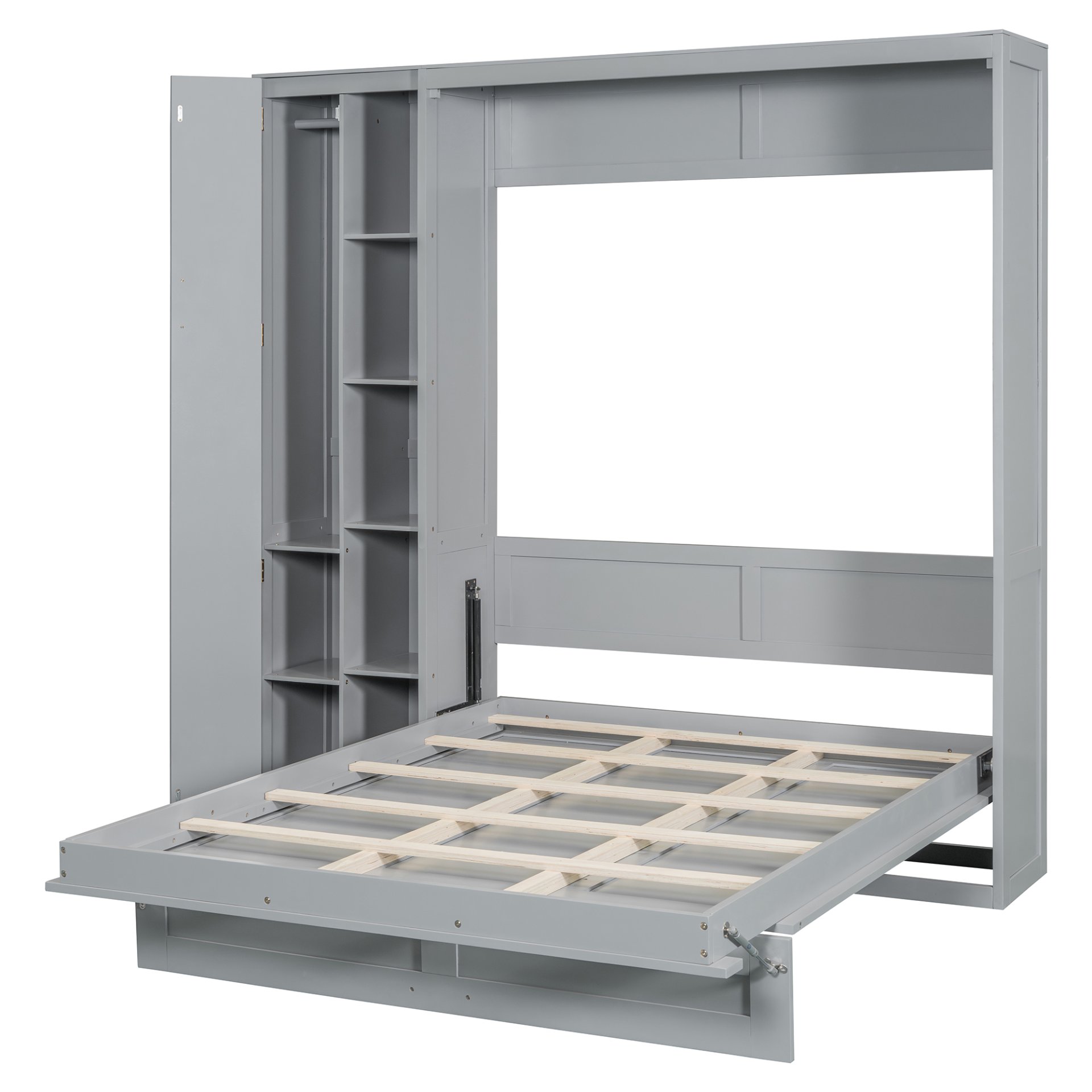 Full Size Murphy Wall Bed With Shelves, Wardrobe And LED Lights - Gray - Image 12