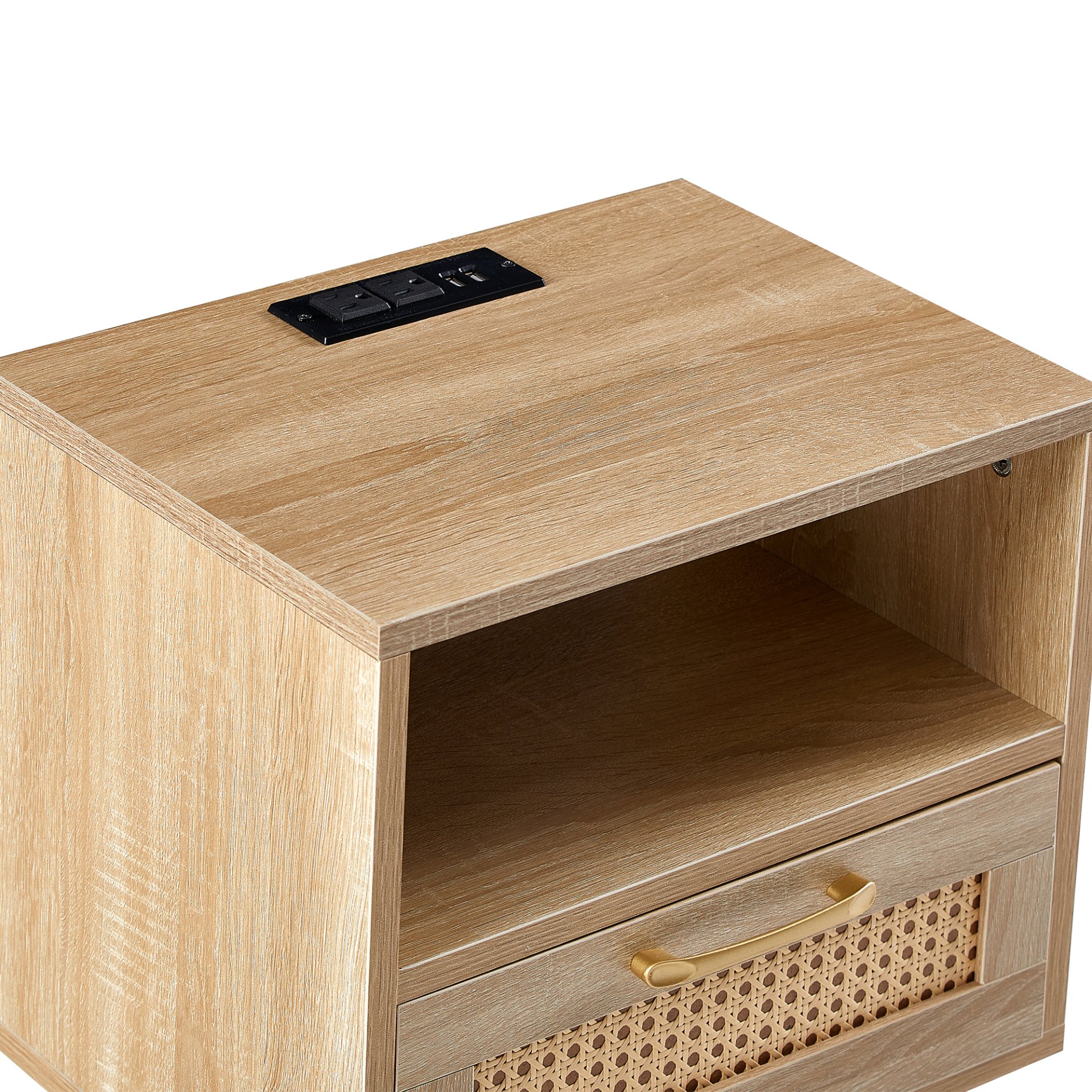 15.75" Rattan End Table With Power Outlet & USB Ports, Modern Nightstand With Drawer And Solid Wood Legs, Side Table For Living Room, Bedroom - Natural - Image 16
