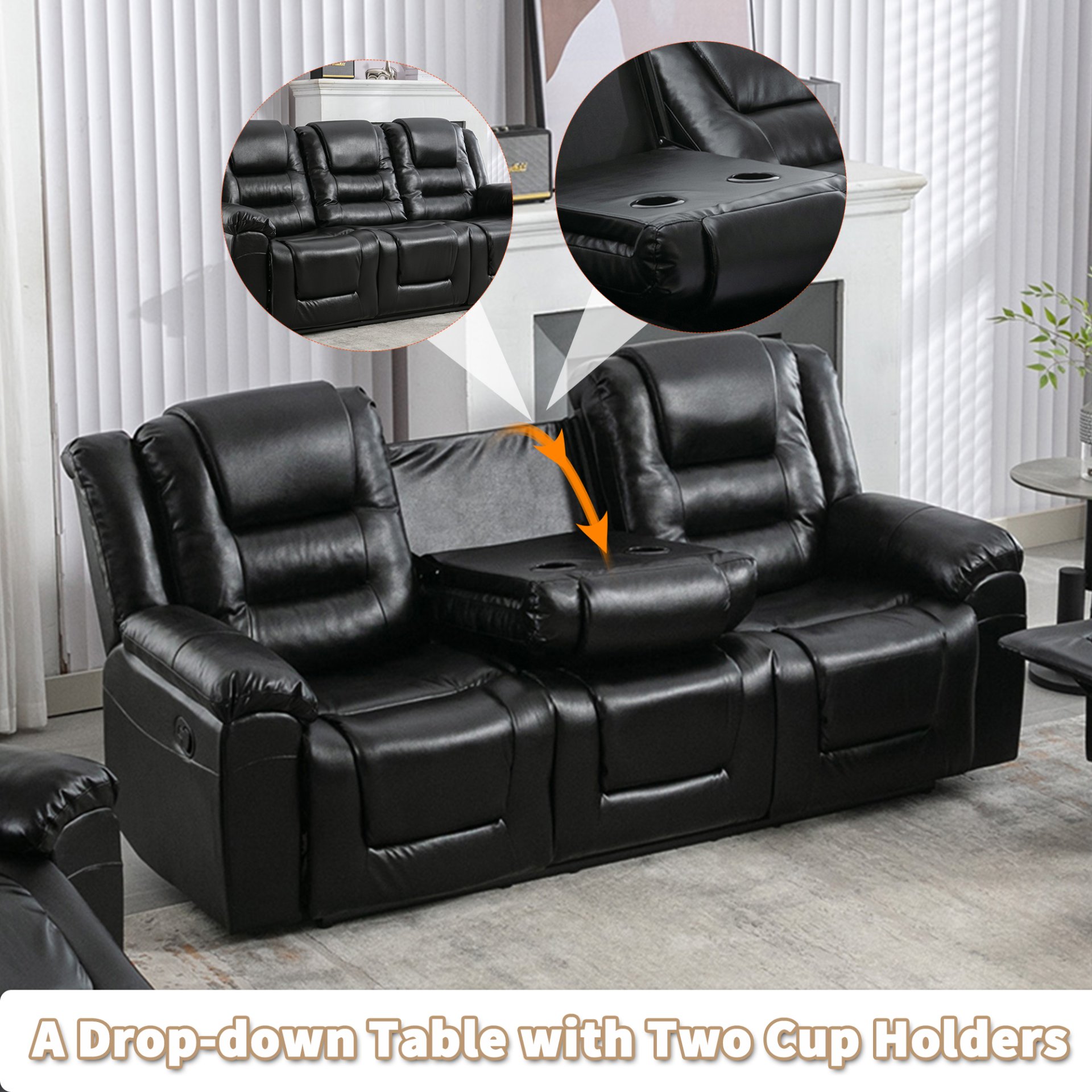 3 Seater Home Theater Recliner Manual Recliner Chair With Two Built-In Cup Holders For Living Room - Black - Image 5