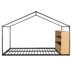 Full Size Bed House Frame With Shelves And Lights - Black