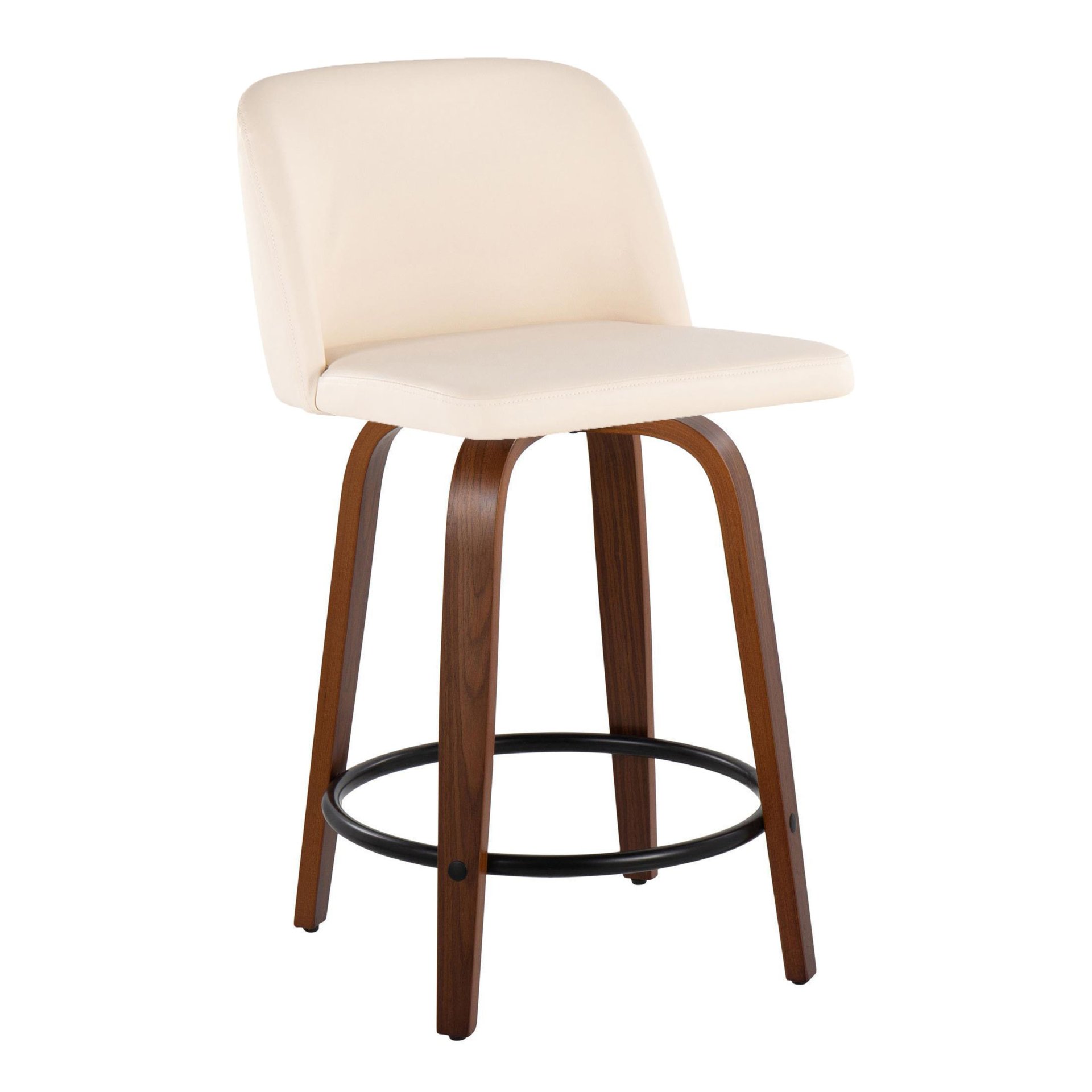 Toriano - Mid-Century Modern Fixed Height Counter Stool & Swivel And Round Footrest (Set of 2) - Walnut / Cream - Image 2