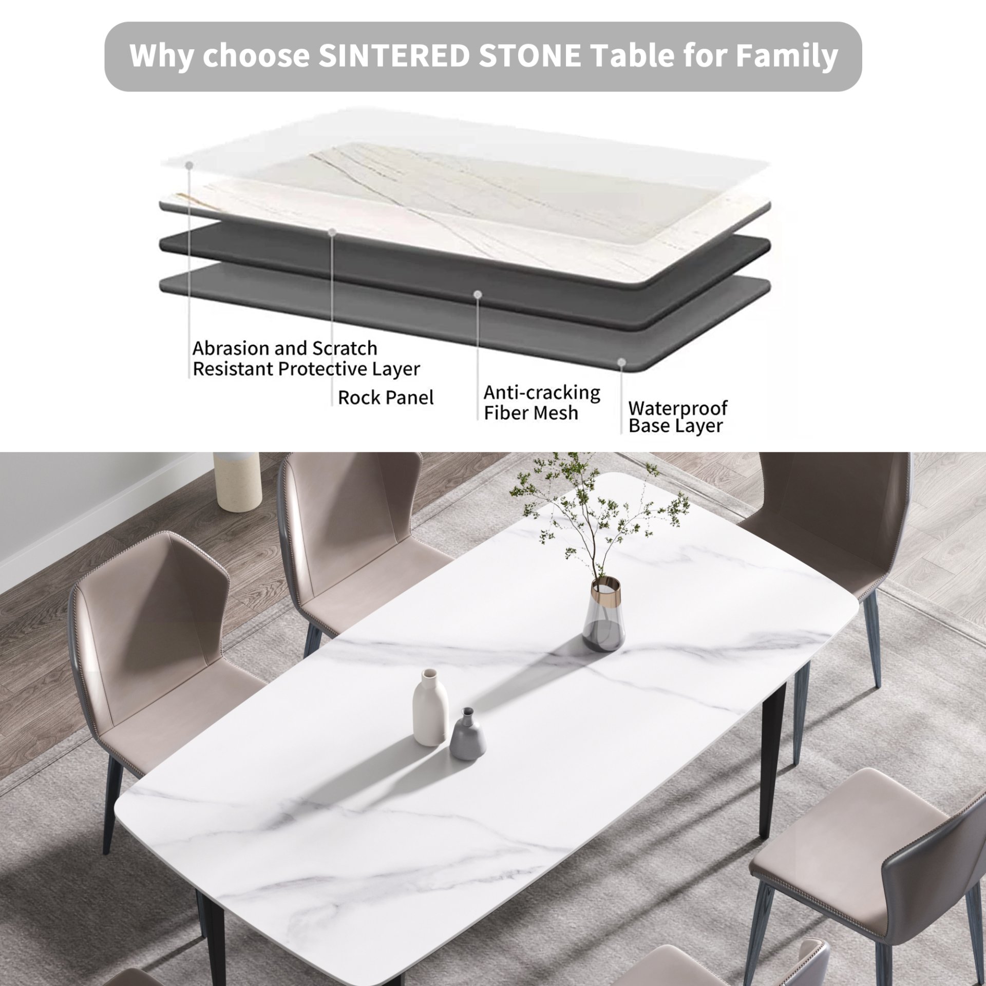 70.87" Modern Artificial Stone Curved Black Metal Leg Dining Table, Can Accommodate 6-8 People - White / Black - Image 12
