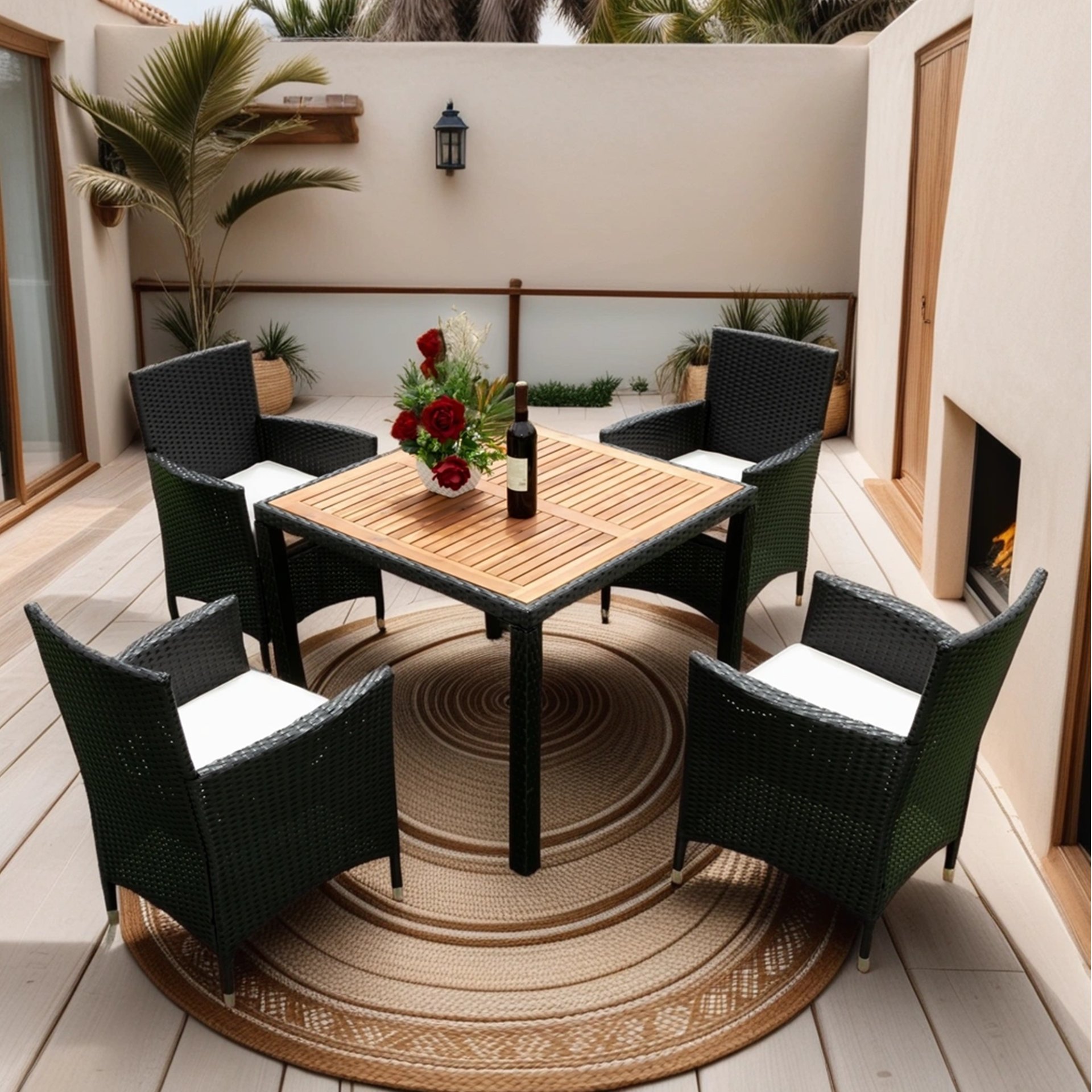 5 Piece Outdoor Patio Wicker Dining Set Patio Wicker Furniture Dining Set With Top - Black / Creme - Image 4