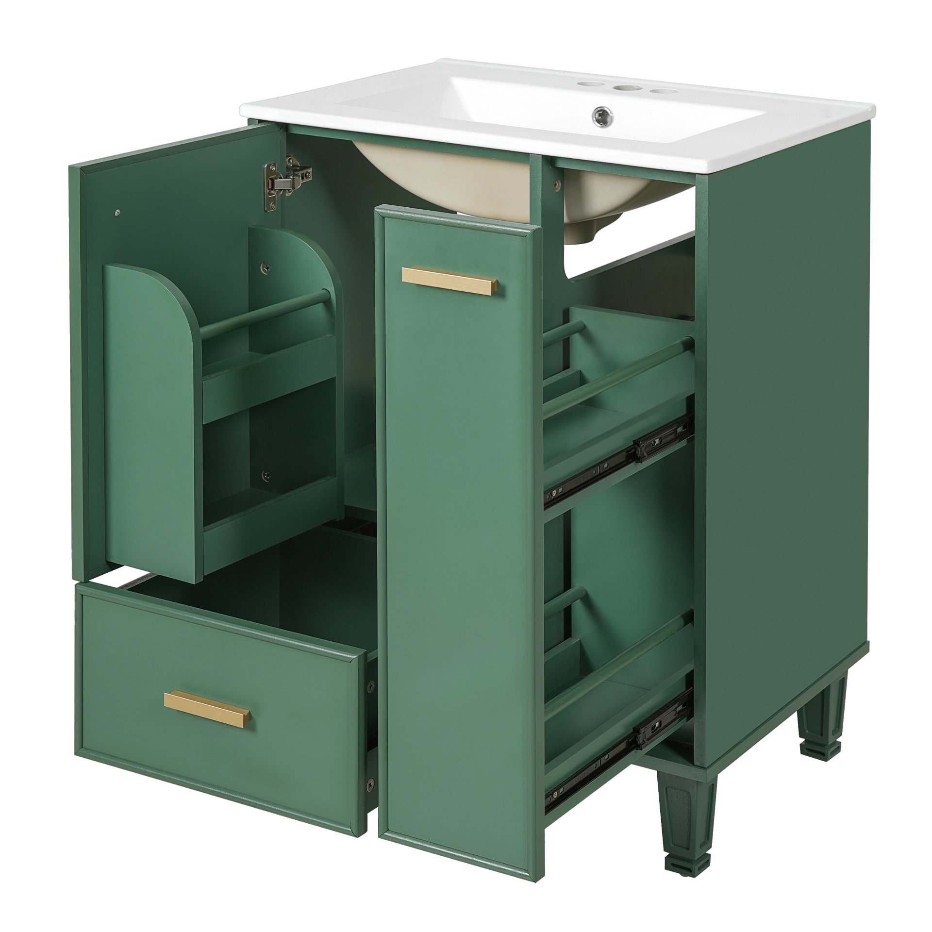 Solid Wood And 24" Bathroom Vanity With Sink, Deep Drawer, Door Shelf, 2 Tier Basket - Green - Image 11