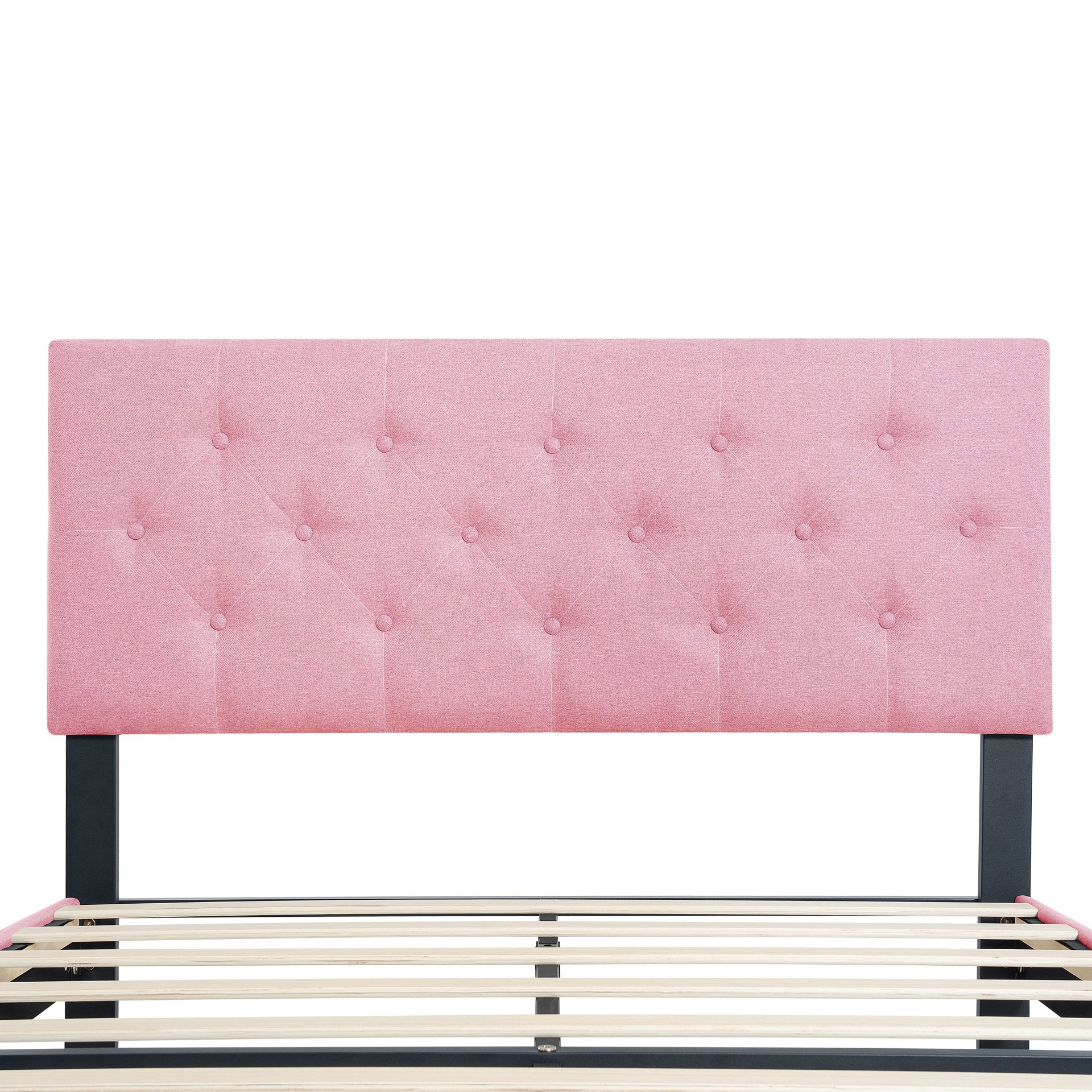 Modern Upholstered Queen Size Platform Bed Frame With Button Tufted Linen Headboard - Pink - Image 7