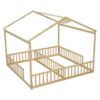 Double Twin House-Style Floor Bed With Fence, Guardrails, Without Door - Natural - Image 16