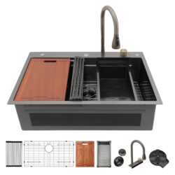 Drop In Waterfall Kitchen Sink With Pull Out Faucet & Cup Washer, 16 Gauge Stainless Steel - White