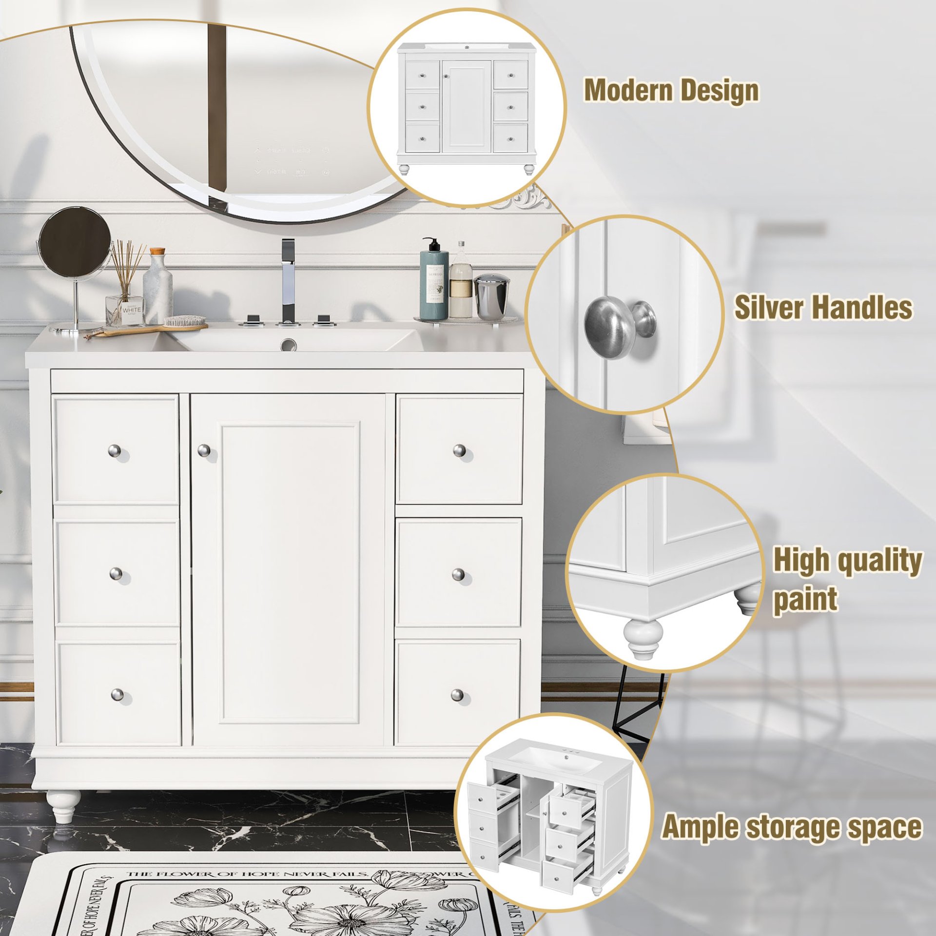 Contemporary Bathroom Vanity Cabinet, 4 Drawers & 1 Cabinet Door, Multipurpose Storage, Resin Integrated Sink, Adjustable Shelves, Solid Wood Frame With MDF - White - Image 6