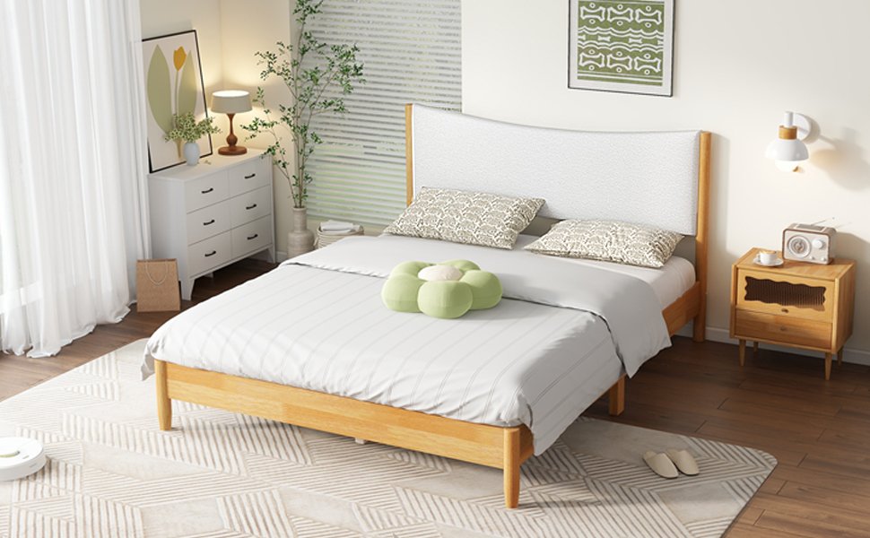 Queen Size Rubber Wooden, Solid Wooden Bed With Teddy Velvet Cushion Upholstered Headboard, Enhanced By Support Feet - Natural - Image 6