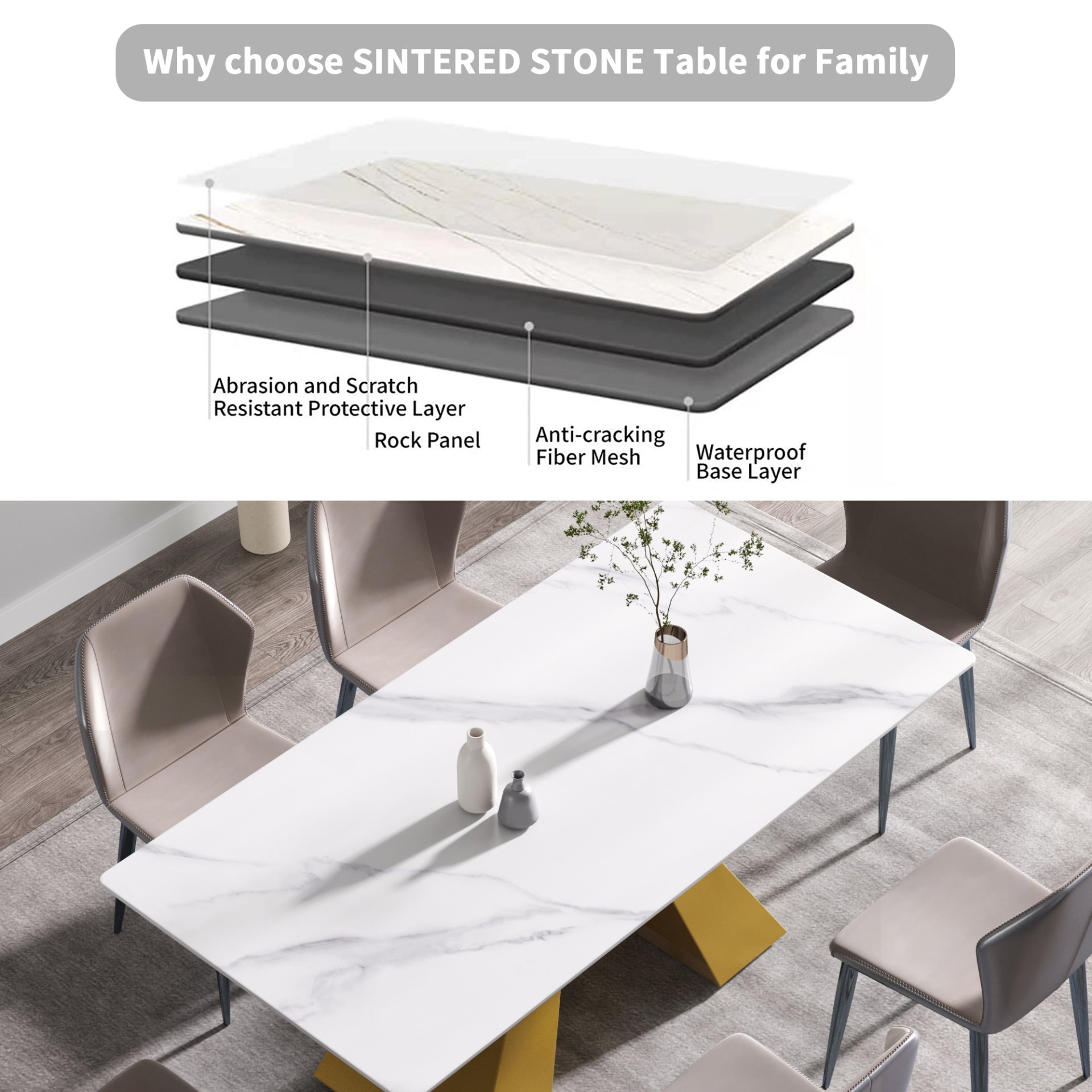 70.87" Modern Artificial Stone White Straight Edge Metal Leg Dining Table - White / Gold - Image 10