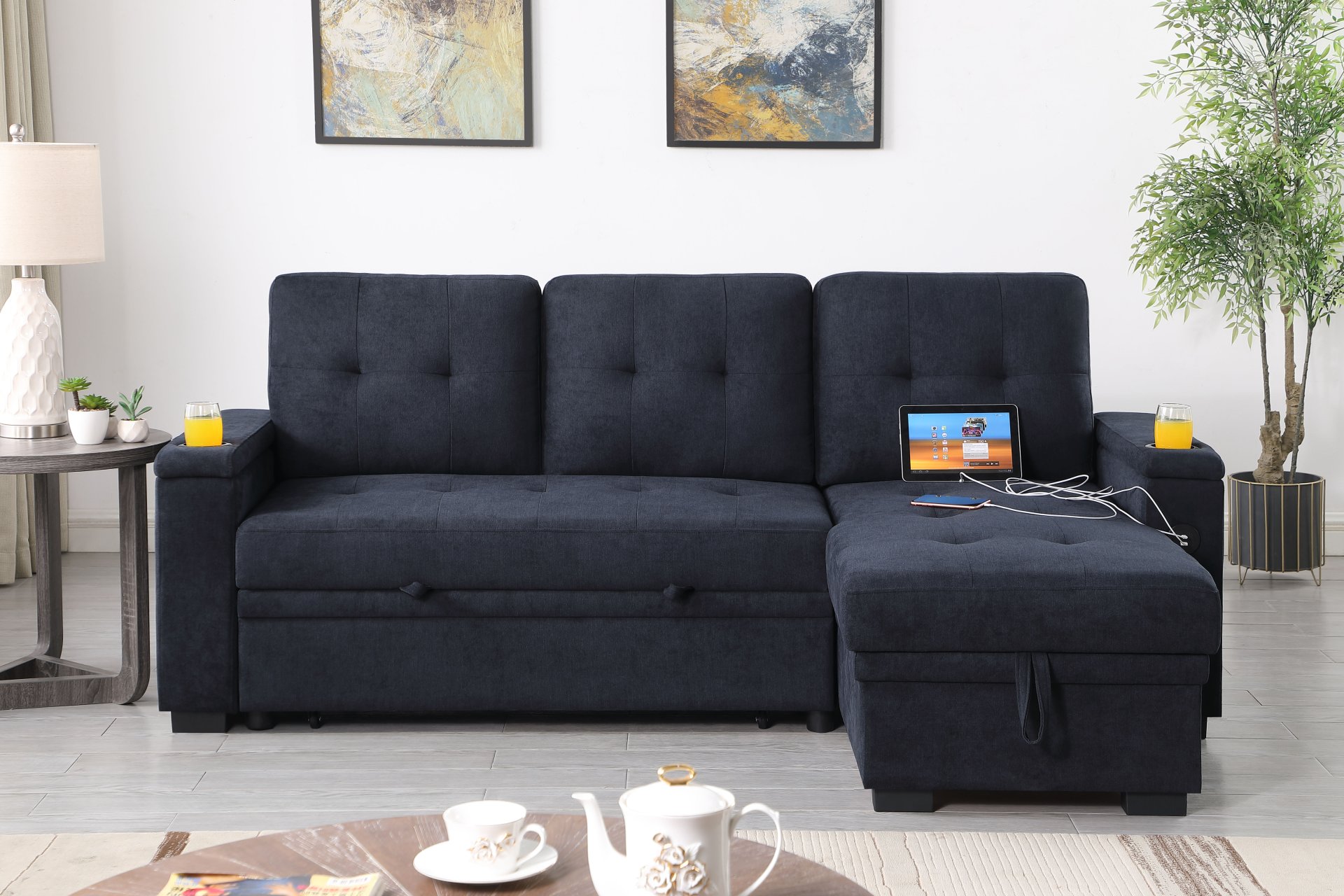 Ashlyn II - Woven Fabric Reversible Sleeper Sectional Sofa With Storage Chaise, Storage Arm, Cup Holder, Charging Ports, Side Pockets, and Pocket Coil Seating - Dark Gray - Image 4