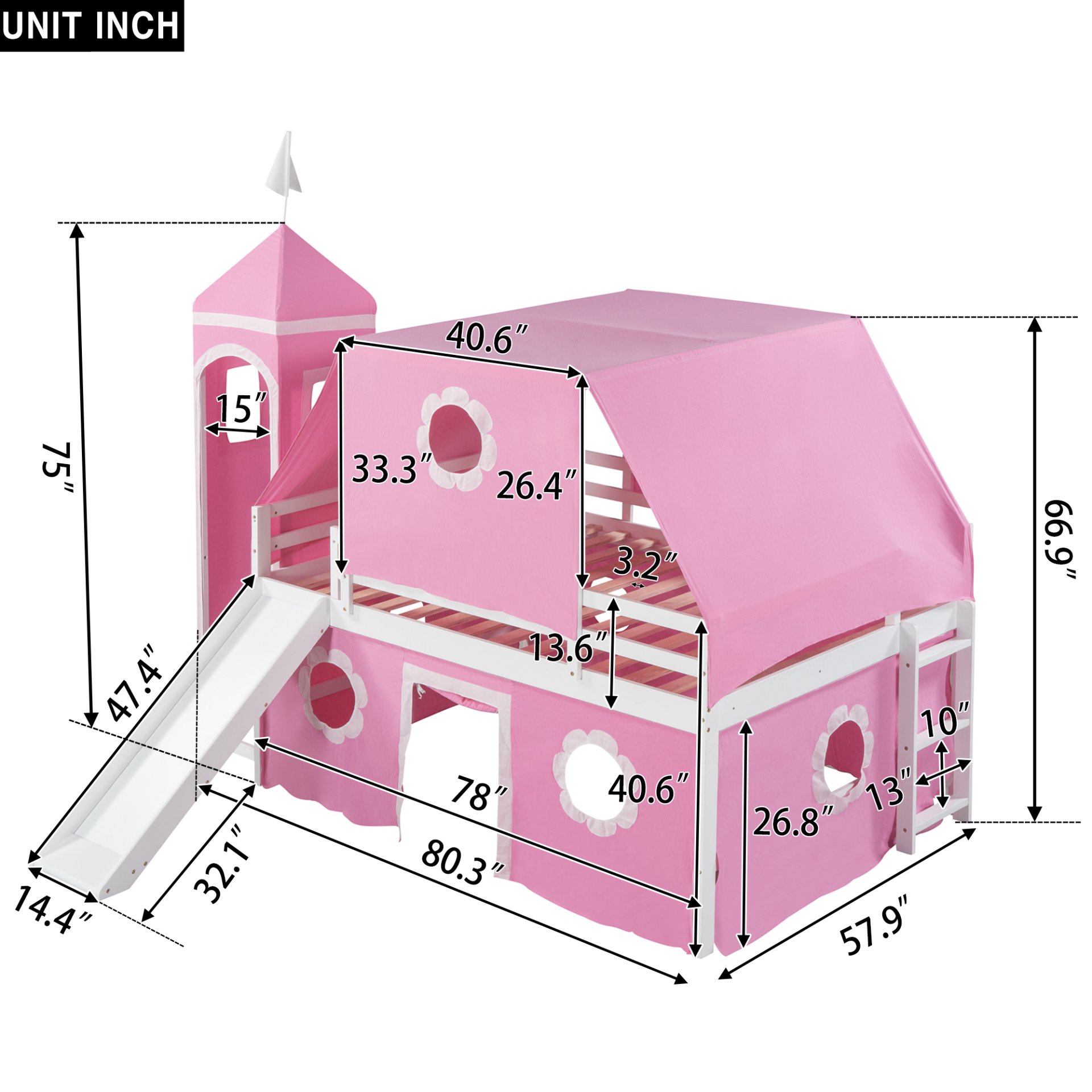 Full Size Loft Bed With Slide And Tent Tower Space Saving Fun Design For Kids - Pink - Image 3
