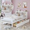 Twin Size Bed With Headboard Storage Rack, 2 Under Bed Drawers, 3 - Side Guardrails For Safety And Security - White - Image 5