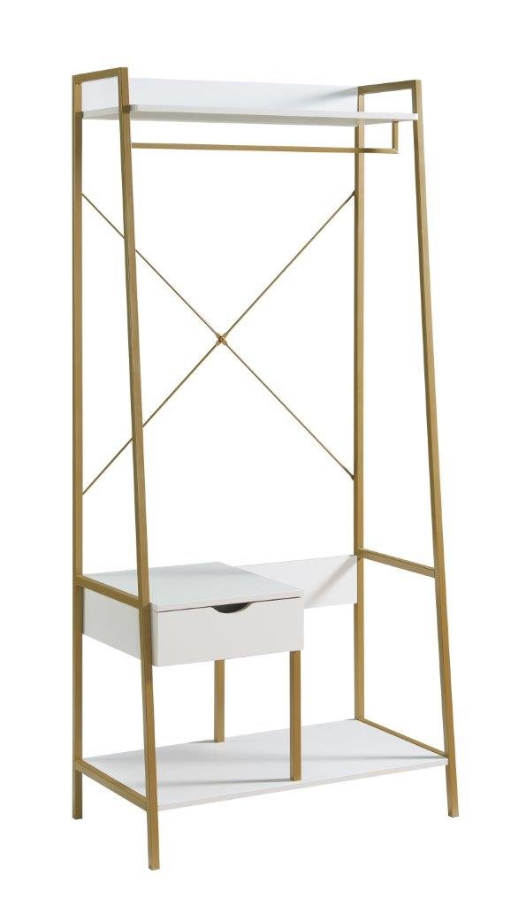 Metal Clothes Rack Open Wardrobe Free Standing With One Drawer Hanging Clothes Rod - White / Gold Metal - Image 4
