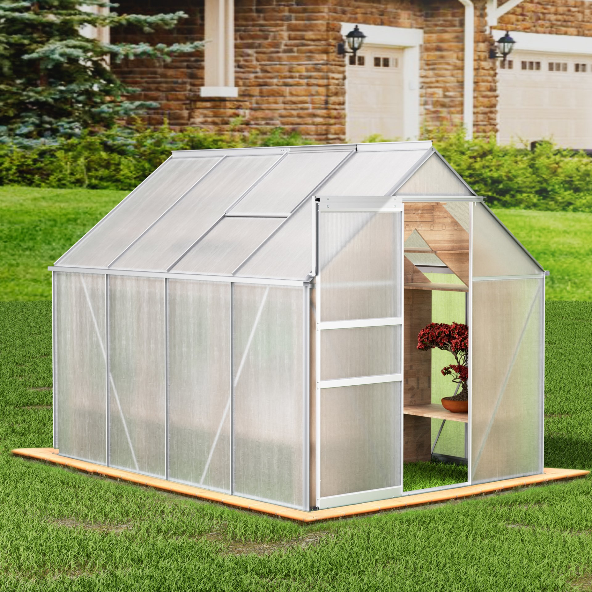 Walk-In Polycarbonate Greenhouse With Roof Vent, Sliding Doors, Hobby Hot House For Outdoor Garden Backyard - Silver - Image 2