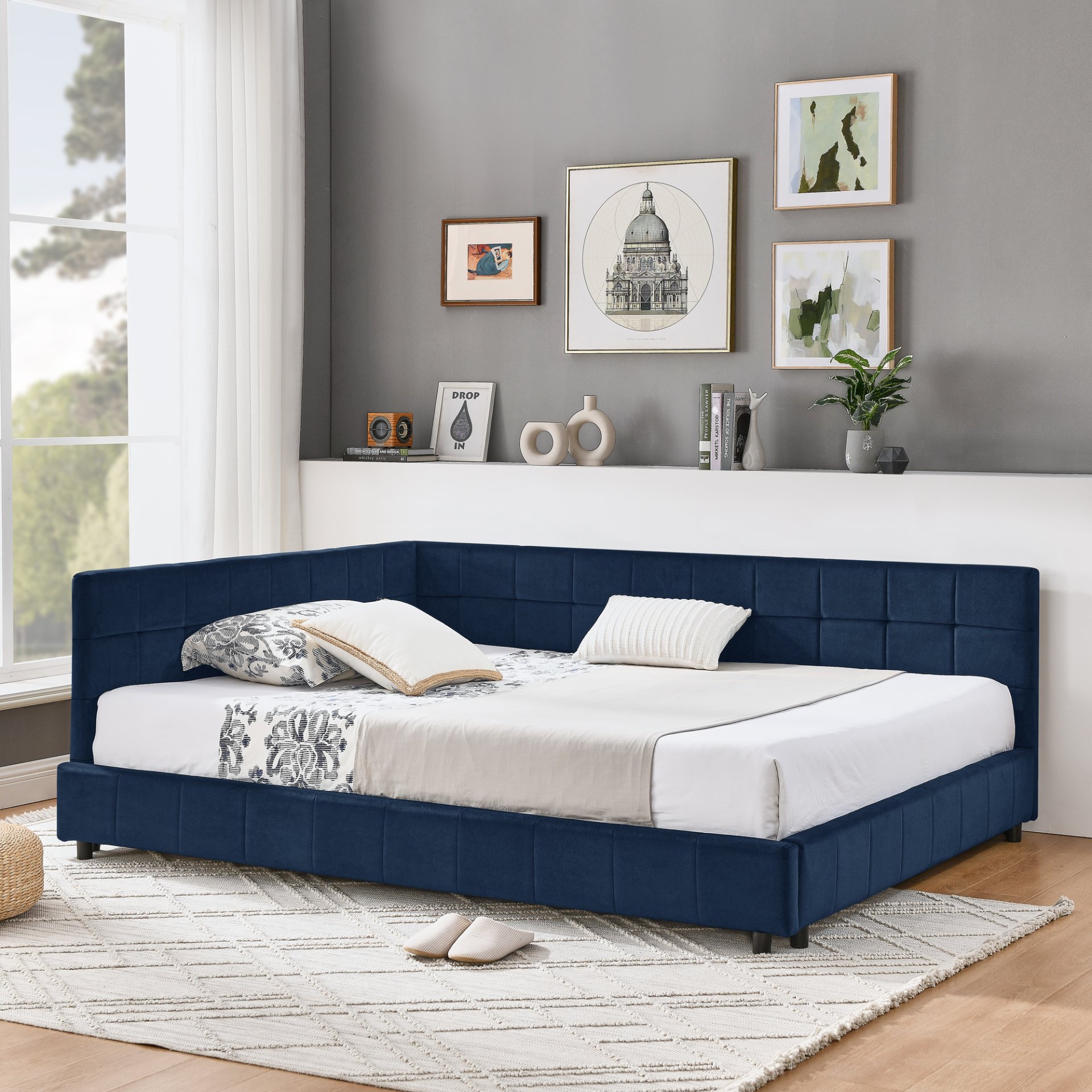 Mid Century Velvet Full Size Upholstered Tufted Bed Frame With Comfortable Backrest And Armrests - Dark Blue - Image 4