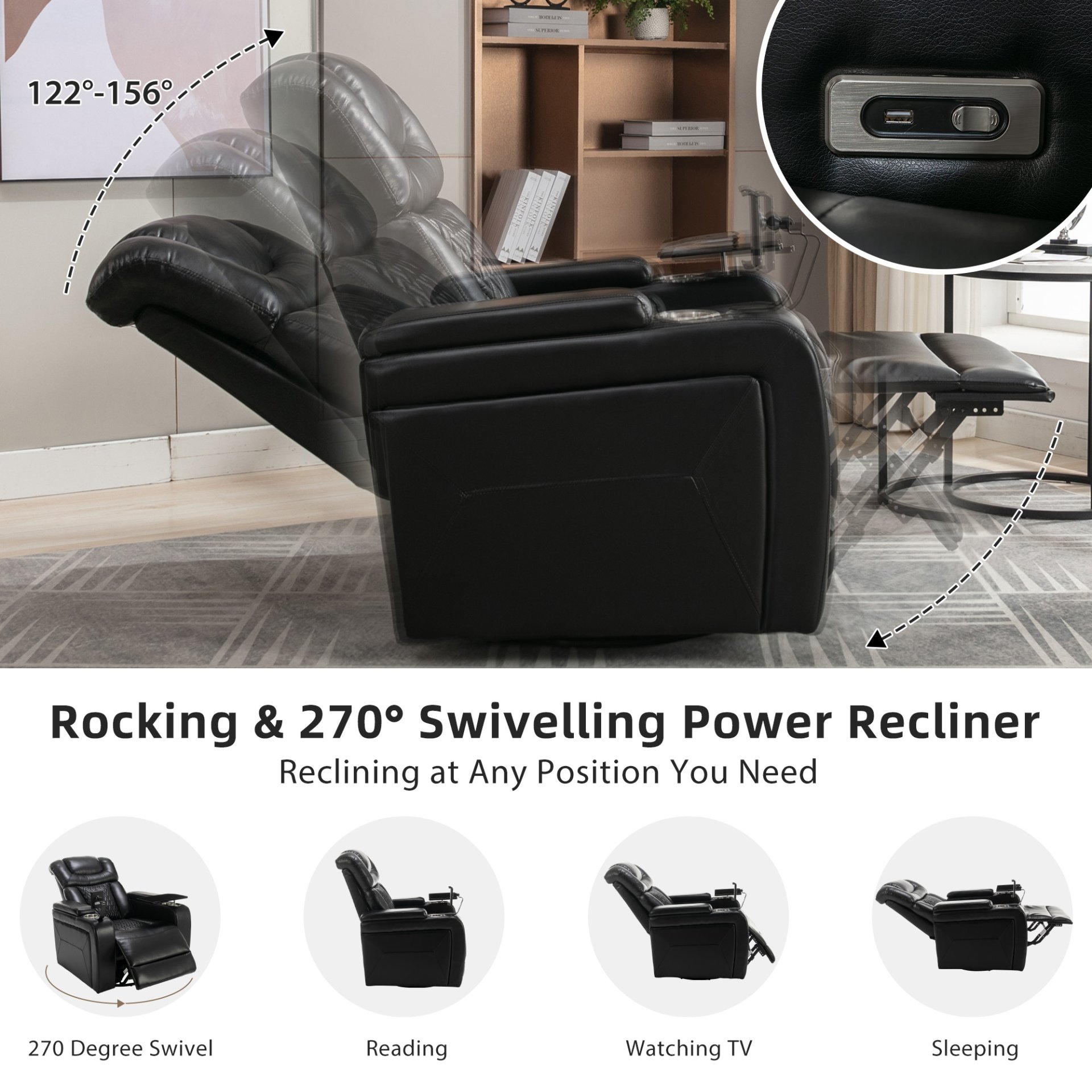 Home Theater Recliner With 270 Degree Swivel, Tray Table, Phone Holder, Cup Holder & USB Port - Black - Image 4