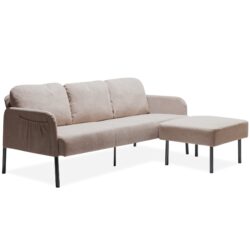 Modern 3 Seater L Shaped Polyester Fabric Sofa With Ottoman, Upholstered For Small Spaces - Beige