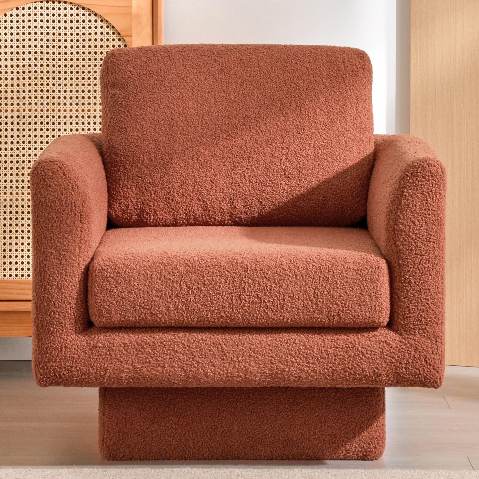 360° Modern Swivel Accent Chair Round Armchair, Thick Padded Single Lounge Sofa Upholstered Comfy - Brick Red - Image 3
