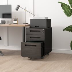 3 Drawer Mobile File Cabinet Under Desk Office, Simple Style Versatile Storage Cabinet, 5 Wheel Design Anti-Tilting Cold Rolled Steel Waterproof Moisture-Proof - Black
