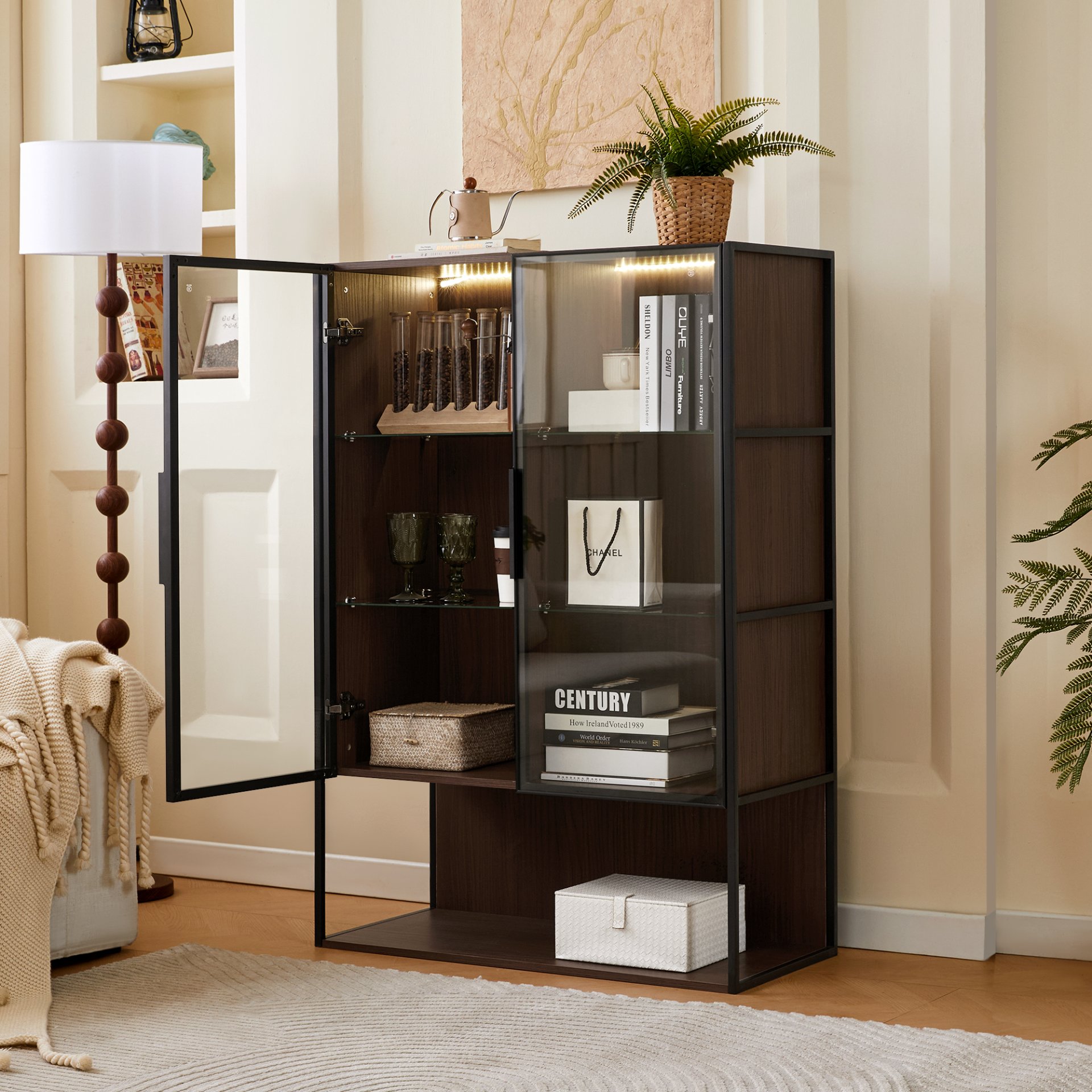 Modern Minimalist Tall Lighted Display Cabinet With Tempered Glass Door - Black / Dark Walnut - Image 7