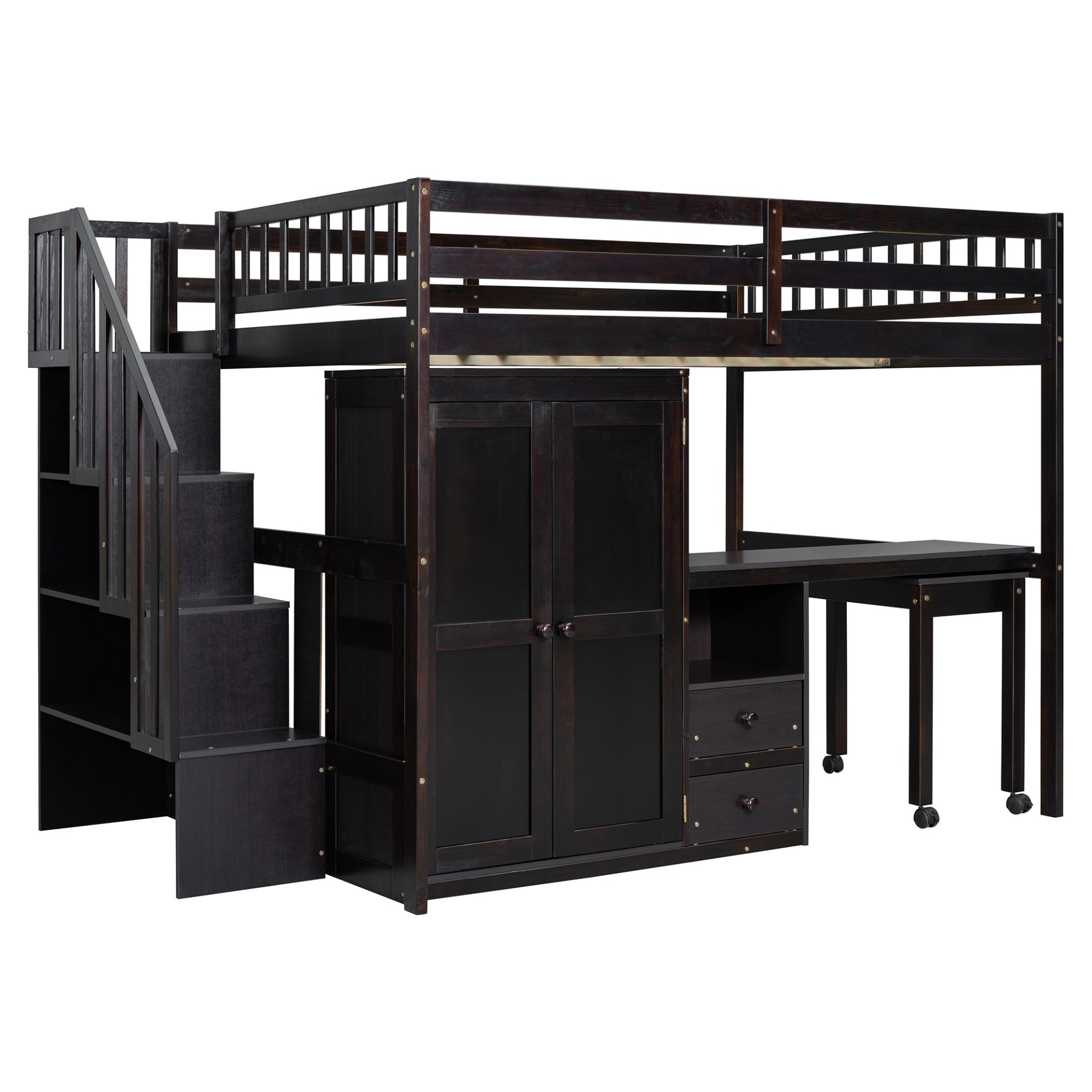 Full Size Loft Bed With Stairs, Bookshelf, Drawers, Desk & Wardrobe, Space Saving Multifunctional Furniture - Espresso - Image 16