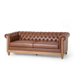 Comfy 3 Seat Sofa With Wooden Legs, Retro Style For Living Room And Study - Light Brown