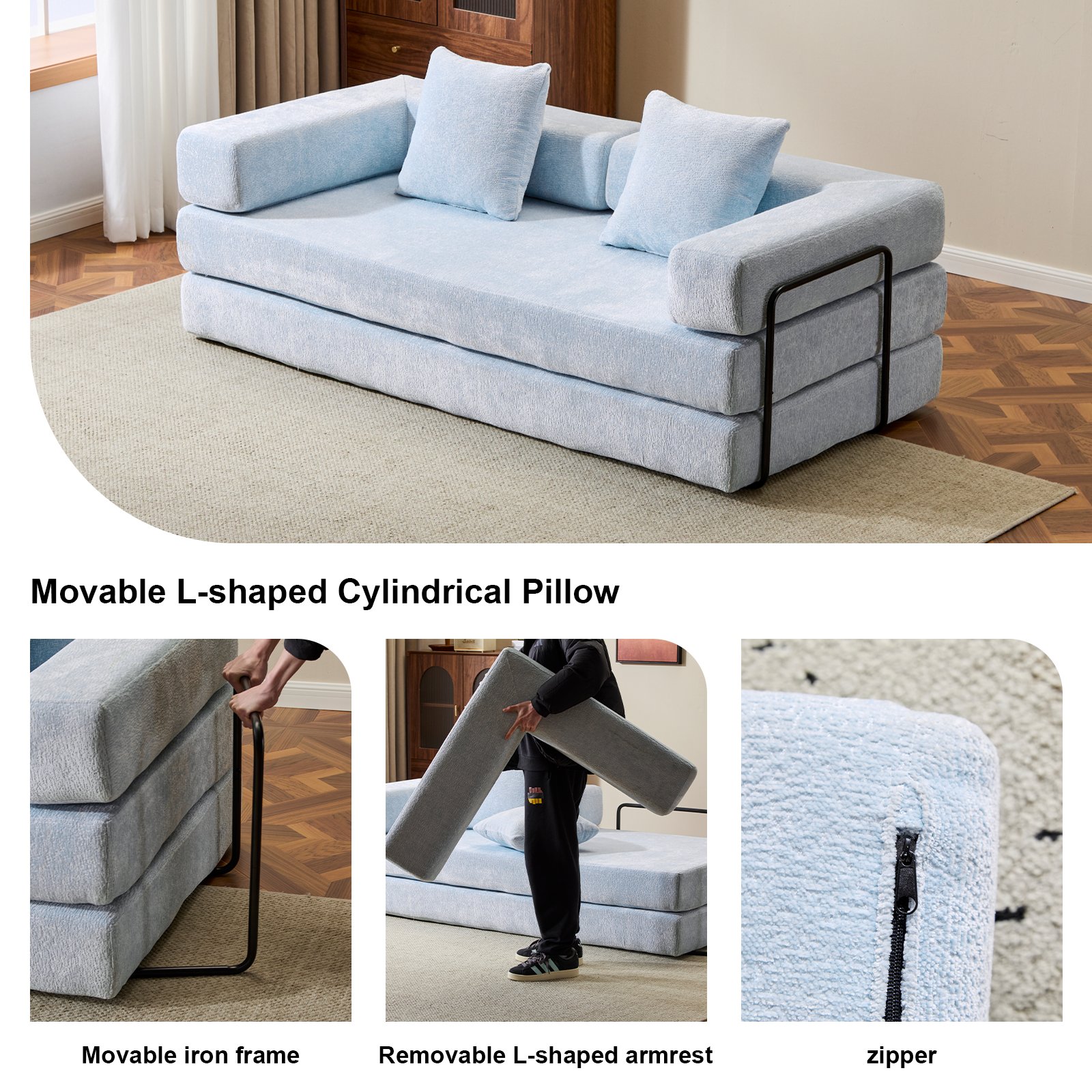 Floor Couch, Compression Sofa, Convertible Floor Sofa Bed With Pillow Back Support Armrest - Light Blue - Image 5