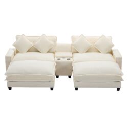 Chenille Upholstered Sectional Sofa With Removable Ottoman, USB Ports, Cup Holders, And Storage - Beige