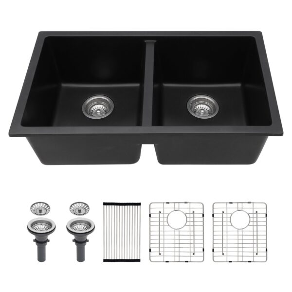 Kitchen Sink 33" X 19" Granite Composite Double Bowl Undermount Sink - Black