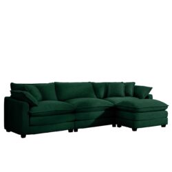 Corduroy L Shaped 3 Seater Sofa With Ottoman For Small Living Rooms - Green