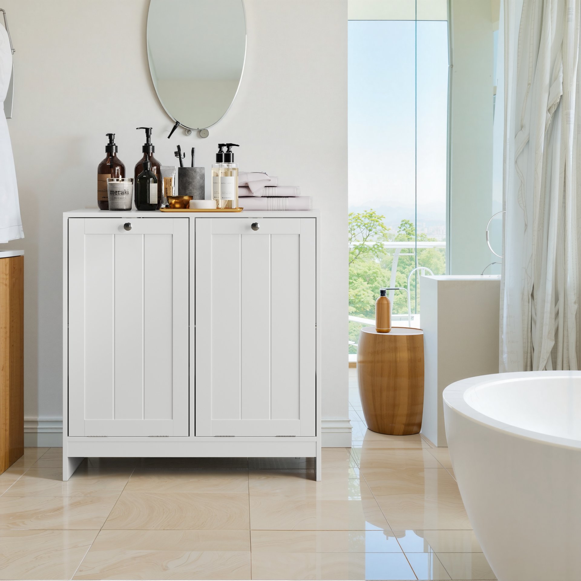 Tilted Laundry Hamper With Removable Basket, Hidden Laundry Hamper, Bathroom Storage Cabinet, Free Standing Organizer - White - Image 6