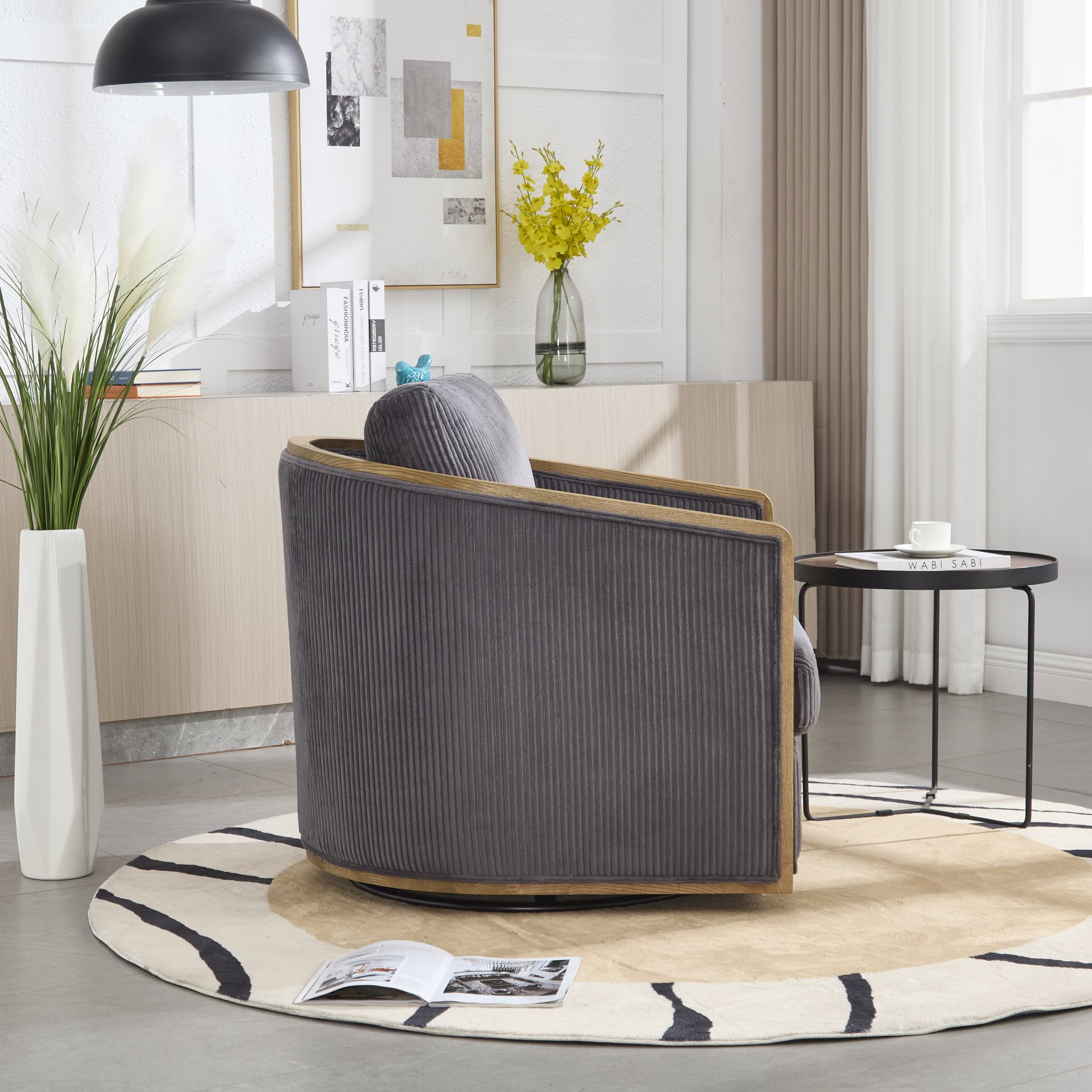 Corduroy Swivel Barrel Chair, Comfortable Accent Sofa, 360 Degree Swivel - Dark Gray - Image 11