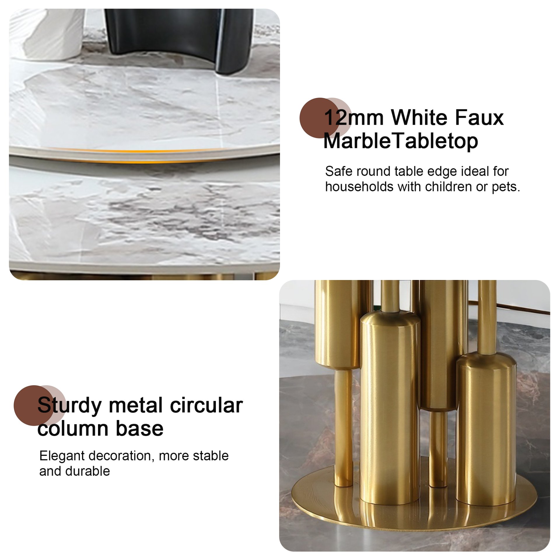 53" Round Marble Dining Table With Lazy Susan, Dining Room, Dinette (Table Only) - Gold / Gold / White - Image 6