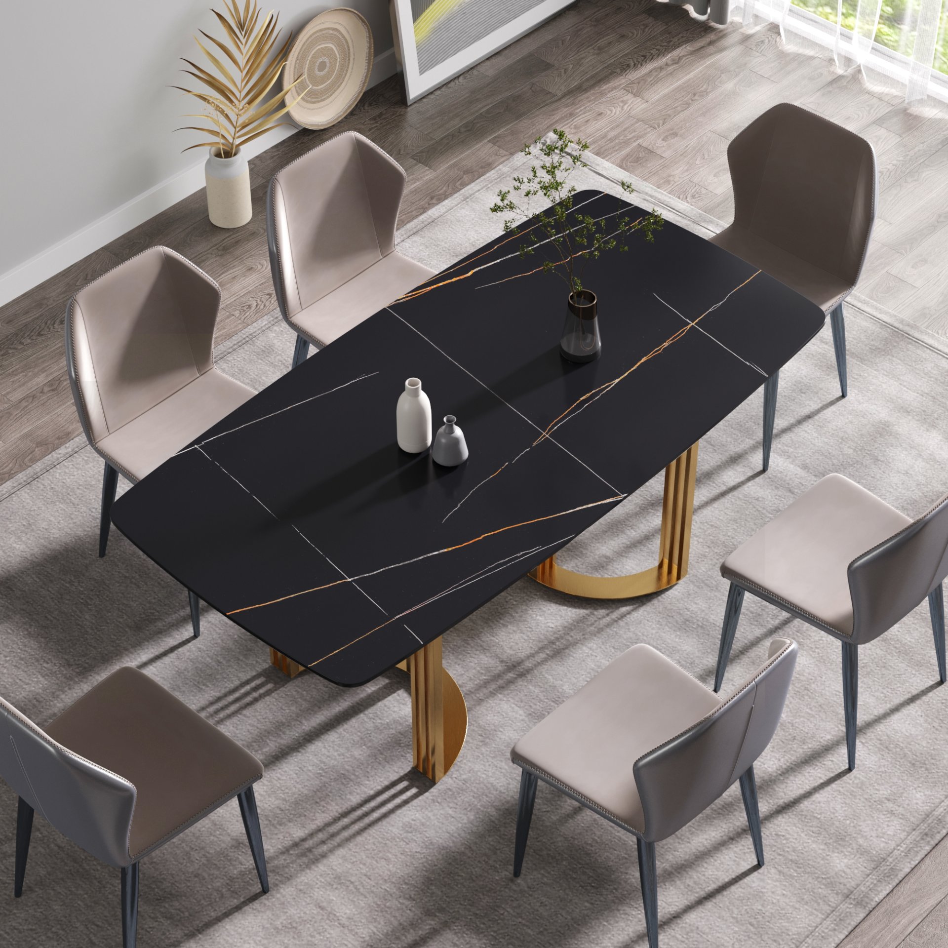 70.87" Modern Artificial Stone Black Curved Metal Leg Dining Table, Can Accommodate 6-8 People - Black / Gold - Image 4