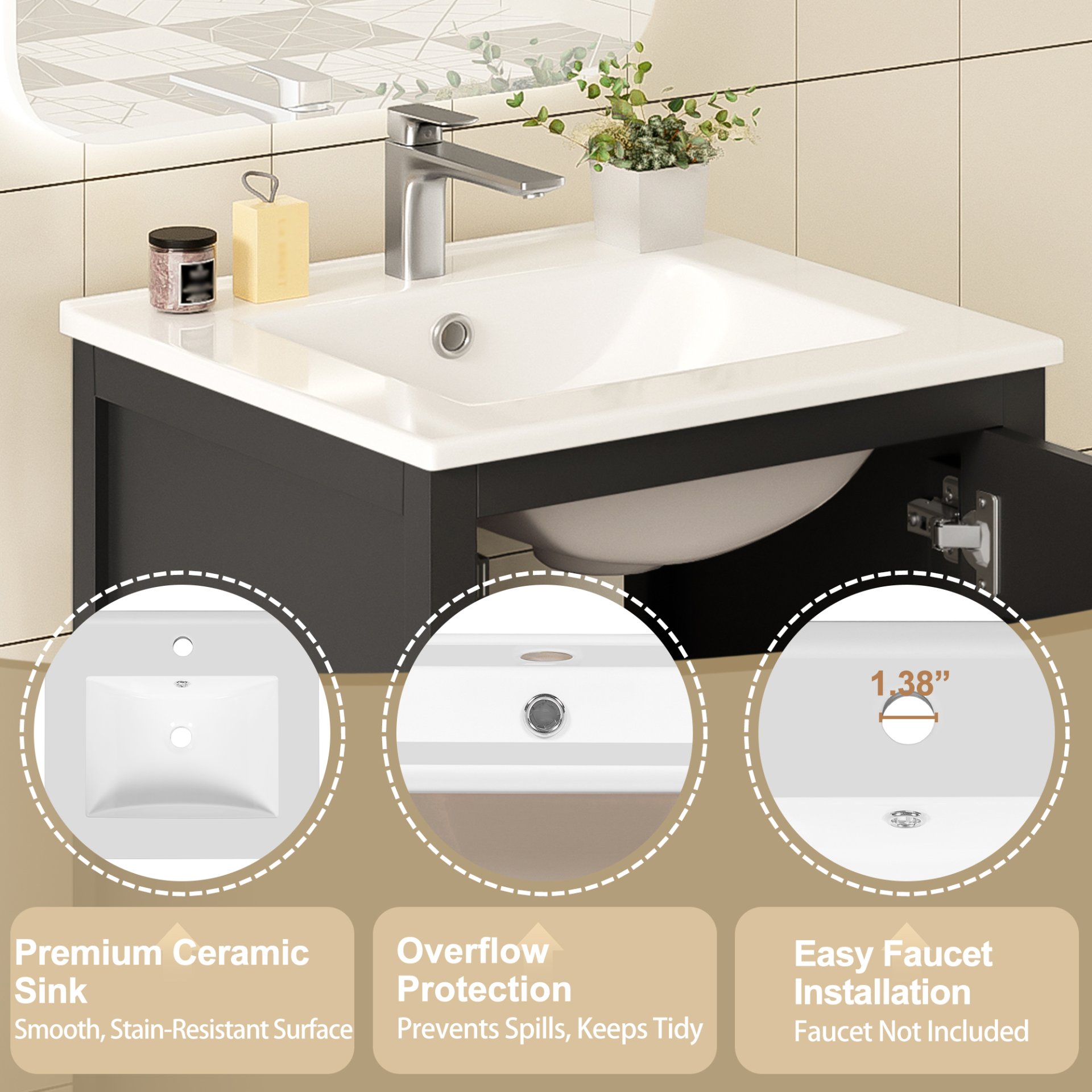 20" Bathroom Vanity With Sink, Soft Close Drawers, Door Organizer, Divider Drawer, Adjustable Foot Pads - Black - Image 9