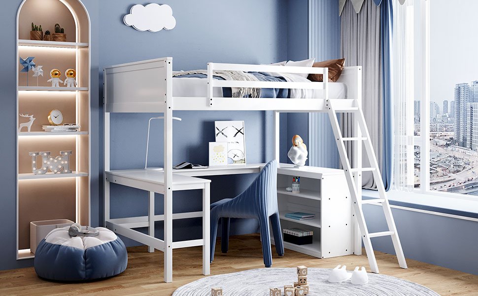 Full Size Loft Bed With Shelves With Desk - White - Image 19