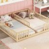 Double Twin Floor Bed With Fence, Guardrails, Without Door - Natural - Image 8