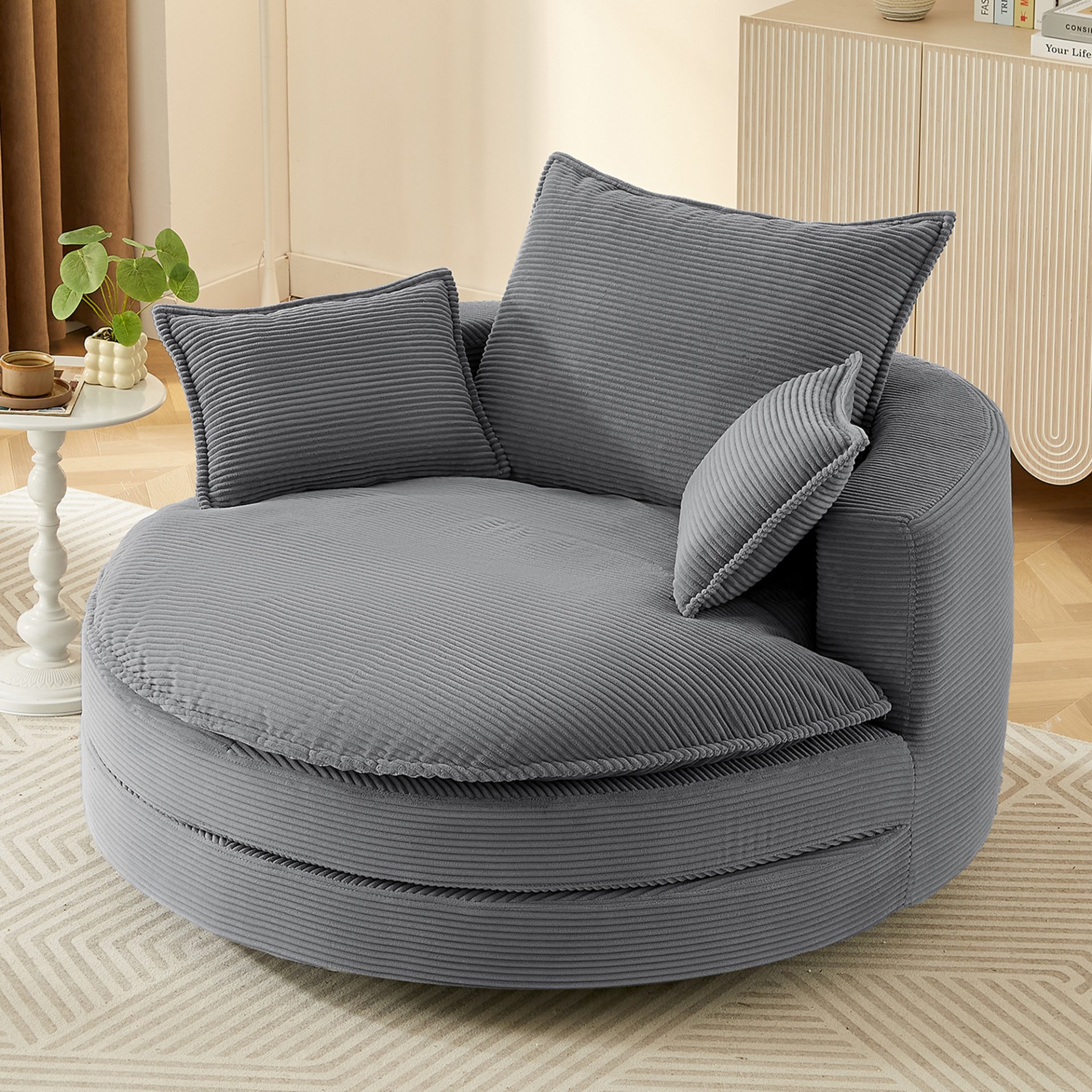 360° Swivel Sofa Chair Accent Barrel Chair With Dual Layer Cushion And 3 Removable Pillows, Corduroy - Gray - Image 3
