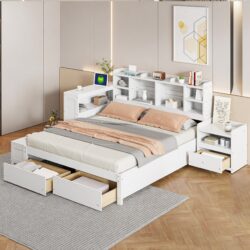 Full Size Platform Bed With Multi Functional Storage Space, Nightstand, 2 Drawers, USB Ports And Desk - White