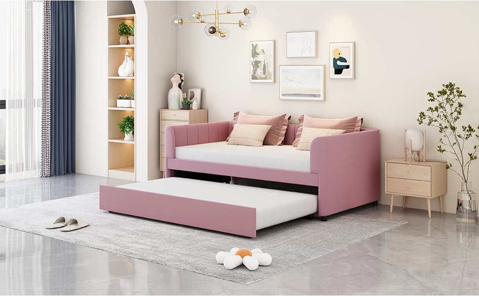 Twin Size Upholstered Daybed With Ergonomic Design Backrest And Trundle - Pink - Image 12