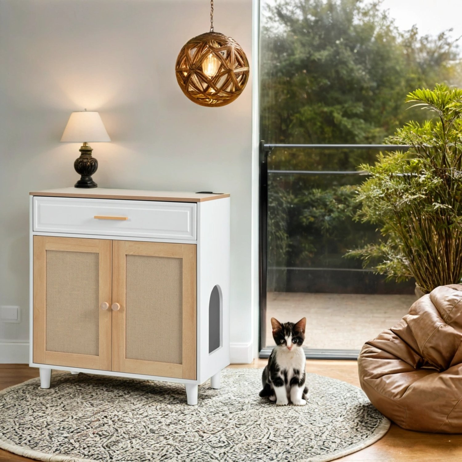 Pet Friendly Furniture Style Cat Litter Box House With Sisal Scratching Door And Charging Socket - Beige / White - Image 7
