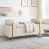 Elegant Upholstered Linen Storage Bench With Cylindrical Arms And Iron Legs - Beige - Image 3