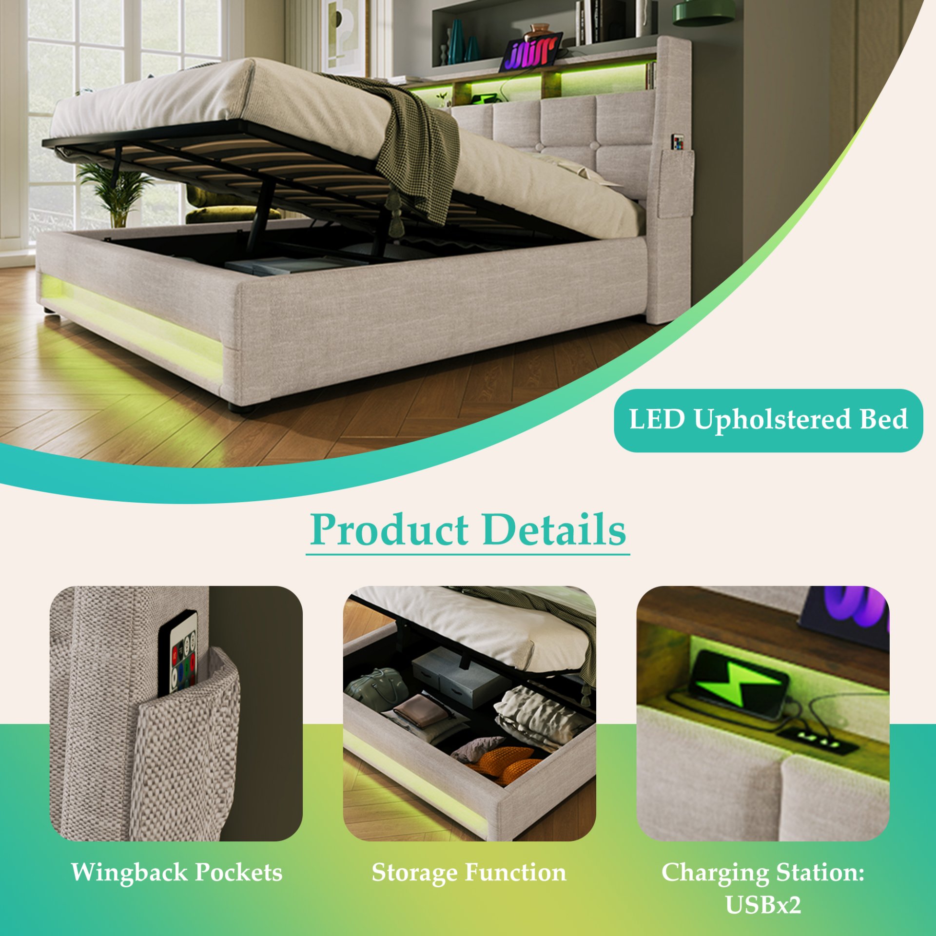 Full Size Upholstered Platform Bed With A Hydraulic Storage System, LED And USB Charging (Without Mattress) - Natural - Image 6