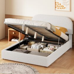 Full Size Upholstered Platform Bed With Hydraulic Storage System - White