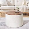 Classic 2 Piece Round Chenille Storage Ottoman Set With Drum Shaped Stool And Desktop Panel - Beige - Image 4